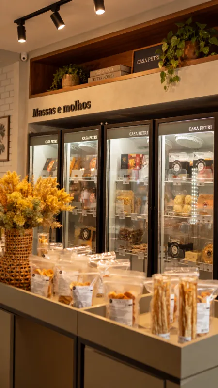 Vitrine refrigerada de massas e molhos artesanais da Casa Petri